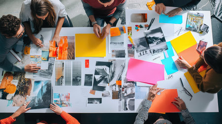 A creative team brainstorming around a table covered with printed graphics, design drafts, and mood boards, with a focus on collaborative planning.の素材