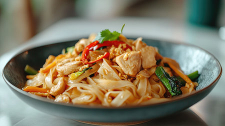 A delicious serving of Thai Pad See Ew, with stir-fried flat noodles, vegetables, and tender chicken, presented in a traditional Thai dish with a clean, modern background.の素材