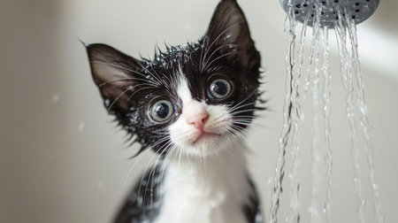 A cute black-and-white kitten being rinsed off, water flowing from a showerhead while the kitten looks up with wide, innocent eyes.の素材