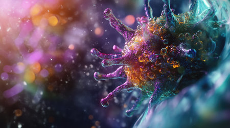 A detailed illustration of a virus particle under a microscope, showing its intricate structure and features in a high-resolution image.の素材