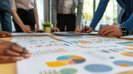A diverse business team gathered around a large table, analyzing financial charts and graphs on a projector screen during a strategy meeting.の素材