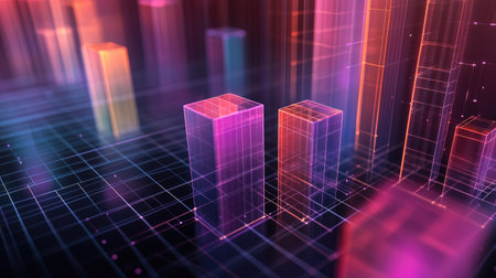 A detailed view of a 3D bar chart with translucent bars and gradient colors, set against a dark background with grid lines and axis labels for clarity.の素材