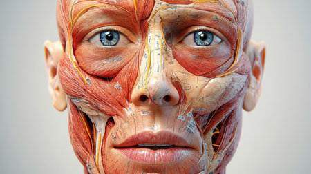 A detailed image of the human face with labeled features such as eyes, nose, and mouth, emphasizing facial anatomy in a clear and educational manner.の素材