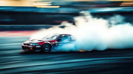 A dramatic scene of a drifting car emitting thick white smoke from its tires, set on a racetrack with blurred motion in the background.の素材