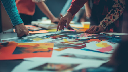 A creative team brainstorming around a table covered with printed graphics, design drafts, and mood boards, with a focus on collaborative planning.の素材