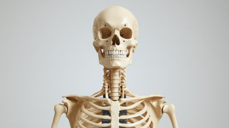 A detailed anatomical illustration of the human skeletal system, showing the bones in a clear and educational layout against a neutral background.の素材