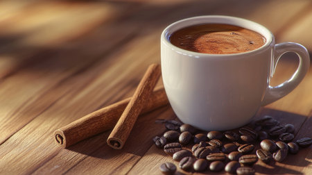 A detailed image of a coffee cup with a cinnamon stick and coffee beans around it, emphasizing the warm and inviting aroma of the freshly brewed coffee.の素材