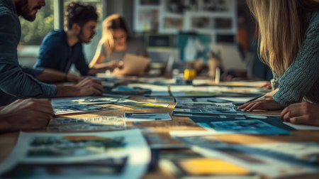 A creative team brainstorming around a table covered with printed graphics, design drafts, and mood boards, with a focus on collaborative planning.の素材