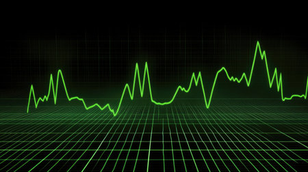 A dynamic ECG graph with vibrant green lines moving across a black screen, symbolizing a healthy heartbeat and advanced medical monitoring.の素材