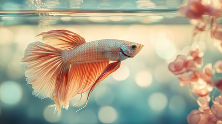 A dynamic image of a Betta fish with its fins fully spread, creating a striking visual effect in a clear tank with an elegant background of softly blurred aquatic elements.の素材
