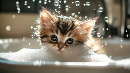 A fluffy kitten being gently bathed in a sink, with soap bubbles floating around and water trickling down its fur.の素材
