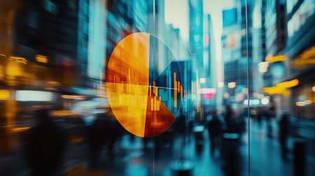 A high-resolution image of a financial pie chart with segmented data in bright, contrasting colors, overlaid on a blurred background of a busy financial district.の素材