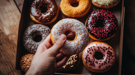 A hand reaching for a donut from a box filled with a variety of flavors and toppings, showcasing the excitement of choosing and enjoying a sweet treat.の素材