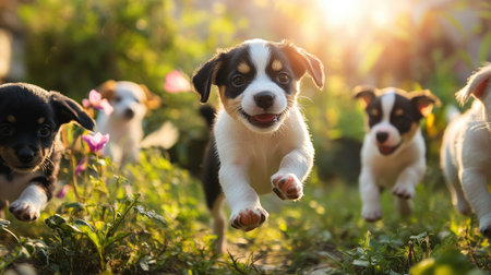 A group of playful puppies frolicking together in a garden, capturing their cuteness and the lively interaction among them under bright sunlight.の素材