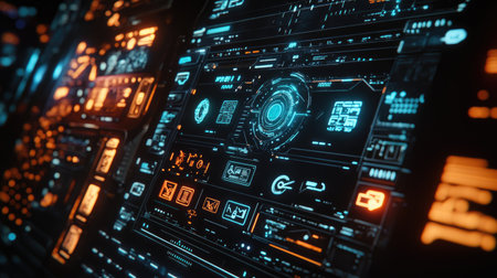 A futuristic digital screen displaying a range of symbols, including tech icons and social media logos, with a glowing, high-tech aesthetic and dark backgroundの素材