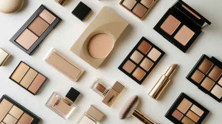 A flat lay of luxury cosmetic products including a high-end foundation, eye shadow palettes, and lip glosses, with a focus on sleek packaging and design.の素材
