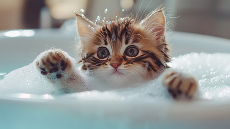 A fluffy kitten in a bath, covered in gentle soap bubbles, with its fur wet and slick, playfully pawing at the water surfaceの素材