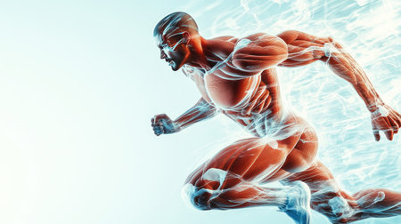 A dynamic image of a person in mid-run, capturing the movement and physical effort of the human body in action, with a focus on muscle engagement and athleticism.の素材