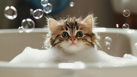 A fluffy kitten being gently bathed in a sink, with soap bubbles floating around and water trickling down its fur.の素材