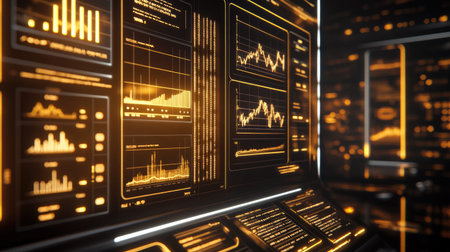 A futuristic 3D gold dashboard displaying multiple financial graphs and data points related to gold investments, with a high-tech, professional design.の素材