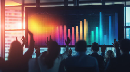 A dynamic presentation showing a rising bar graph projected on a large screen, with a business team applauding success in a professional setting.の素材