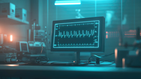 A heart rate monitor displaying a clear, rhythmic ECG wave, with soft ambient lighting in a hospital room and medical devices surrounding the area.の素材
