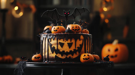 A Halloween-themed cake with spooky decorations like mini pumpkins, bats, and spider webs, set on a dark table with a mysterious, eerie atmosphere.の素材