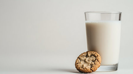 A glass of milk with a cookie resting on the rim, placed on a white background to draw attention to the simple, wholesome pairing and the purity of the milk.の素材