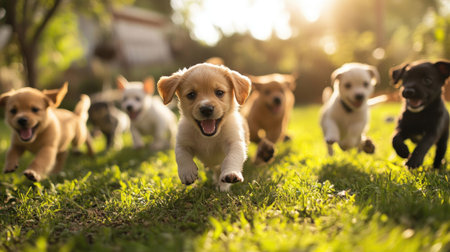 A group of playful puppies frolicking together in a garden, capturing their cuteness and the lively interaction among them under bright sunlight.の素材