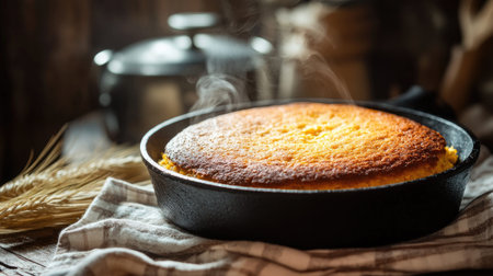 A hot, bubbling cast-iron skillet with a freshly baked cornbread, golden and crispy on top, set on a kitchen counter with a rustic backdrop.の素材