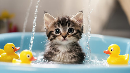 A kitten sitting in a shallow bath with a gentle stream of water flowing over its back, surrounded by rubber duckies and bath toys.の素材