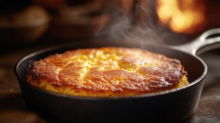 A hot, bubbling cast-iron skillet with a freshly baked cornbread, golden and crispy on top, set on a kitchen counter with a rustic backdrop.の素材