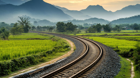 A long stretch of railway tracks curving through a scenic countryside, with lush green fields and distant mountains, showcasing the journey through natural landscapes.の素材
