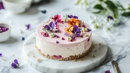 A minimalist vegan cake made with plant-based ingredients, topped with edible flowers, sitting on a marble table with a clean, modern aesthetic.の素材