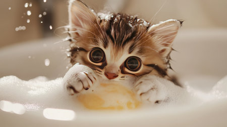 A playful kitten in a bath, gently biting a bath sponge while foam covers its little paws and water drips down its fur.の素材