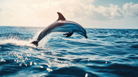 A playful dolphin leaping out of the clear blue ocean, with sunlight glistening on the water's surface and a scenic backdrop of a serene seascape.の素材
