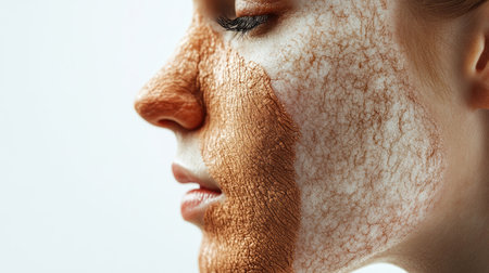 A side-by-side comparison of healthy and unhealthy human skin, showing different textures and conditions to illustrate the impact of lifestyle and environment.の素材