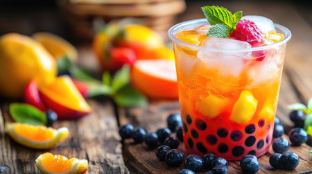 A refreshing cup of fruit-flavored bubble tea with colorful tapioca pearls and ice cubes, placed on a wooden table with fresh fruit slices as a garnish.の素材