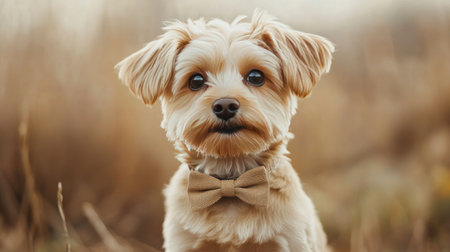 A small dog with a charming bow tie or accessory, sitting proudly and looking at the camera, emphasizing its cuteness and stylish appearance.の素材