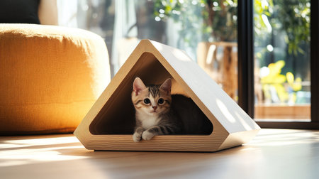 A sleek, modern cat house with a minimalist design, featuring a clean, geometric shape and a neutral color palette, blending seamlessly into a contemporary interior.の素材