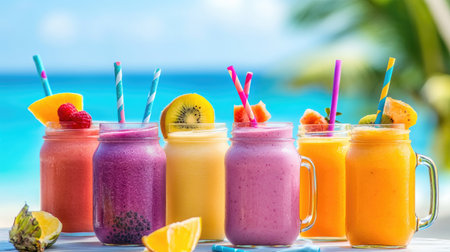A refreshing summer scene with a variety of fruit smoothies served in mason jars, with colorful straws and fresh fruit garnishes, set against a beach or poolside background.の素材