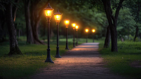 A serene park pathway lined with classic street lamps, casting a gentle, golden light on the path and creating a peaceful, enchanting nighttime scene.の素材