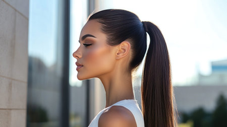A side profile of a woman with a sleek, high ponytail, showcasing her smooth, shiny hair, as she poses confidently in a modern, urban environment.の素材
