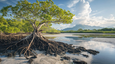 A scenic mangrove landscape with low-tide mudflats visible around the mangrove roots, showcasing the dynamic interplay between land and sea in this unique ecosystem.の素材
