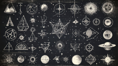 A set of hand-drawn symbols on a chalkboard, including mathematical and astrological signs, with a rustic, educational feel and a focus on creativity and learning.の素材