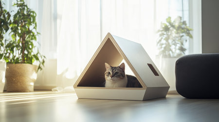 A sleek, modern cat house with a minimalist design, featuring a clean, geometric shape and a neutral color palette, blending seamlessly into a contemporary interior.の素材