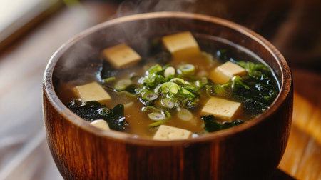 A steaming bowl of miso soup with tofu, seaweed, and green onions, served in a traditional wooden cup, showcasing the simplicity and flavor of Japanese cuisineの素材