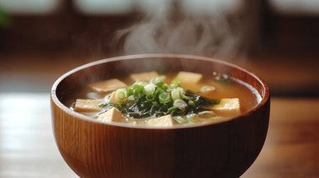 A steaming bowl of miso soup with tofu, seaweed, and green onions, served in a traditional wooden cup, showcasing the simplicity and flavor of Japanese cuisineの素材