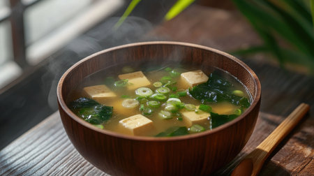 A steaming bowl of miso soup with tofu, seaweed, and green onions, served in a traditional wooden cup, showcasing the simplicity and flavor of Japanese cuisineの素材