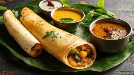 A traditional Indian dosa stuffed with spicy potato filling, served with coconut chutney and sambar, arranged on a banana leaf or traditional plate for an authentic presentation.の素材